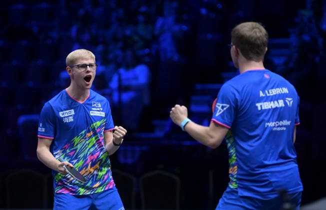 (260813) -- MALMO, Aug. 13, 2026 -- Alexis Lebrun Felix Lebrun (L) celebrate after the men s doubles quarterfinal match between China s Lin Shidong Wen Ruibo and Alexis Lebrun Felix Lebrun of France at the WTT Europe Smash Sweden 2026 in Malmo, Sweden, Aug. 13, 2026. ) (SP)SWEDEN-MALMO Table tennis, Tischtennis WTT EUROPE SMASH 2026-MEN S DOUBLES WengxXinyang 