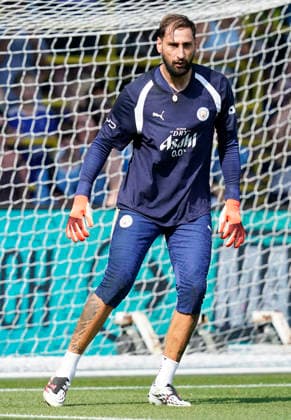 Manchester, England, 13th August 2026. Gianluigi Donnarumma of Manchester City during a training session at the Joie Stadium, Manchester. Picture date: 13th August 2026. Picture credit should read: Andrew Yates Sportimage EDITORIAL USE ONLY. No use with unauthorised audio, video, data, fixture lists, club league logos or live services. Online in-match use limited to 120 images, no video emulation. No use in betting, games or single club league player publications. SPI_041_Man_City_Training SPI-4902-0040