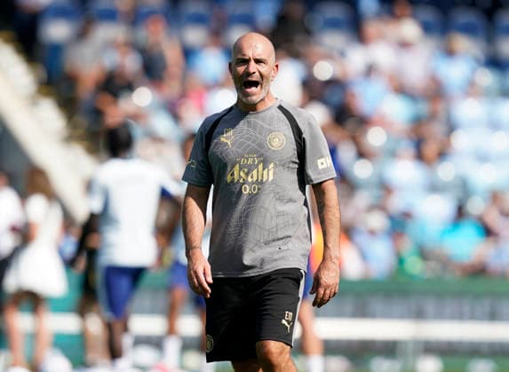 Manchester, England, 13th August 2026. Enzo Maresca coach of Manchester City during a training session at the Joie Stadium, Manchester. Picture date: 13th August 2026. Picture credit should read: Andrew Yates Sportimage EDITORIAL USE ONLY. No use with unauthorised audio, video, data, fixture lists, club league logos or live services. Online in-match use limited to 120 images, no video emulation. No use in betting, games or single club league player publications. SPI_038_Man_City_Training SPI-4902-0042