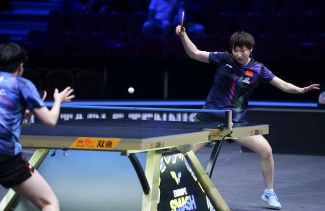 (260813) -- MALMO, Aug. 13, 2026 -- Wang Manyu competes during the women s singles round of 32 match between Wang Manyu of China and Chien Tung-Chuan of Chinese Taipei at the WTT Europe Smash Sweden 2026 in Malmo, Sweden, Aug. 13, 2026. ) (SP)SWEDEN-MALMO Table tennis, Tischtennis WTT EUROPE SMASH 2026-WOMEN S SINGLES WengxXinyang 