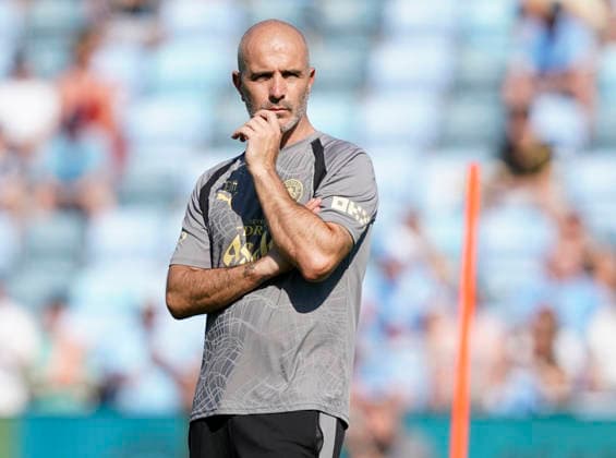 Manchester, England, 13th August 2026. Enzo Maresca coach of Manchester City during a training session at the Joie Stadium, Manchester. Picture date: 13th August 2026. Picture credit should read: Andrew Yates Sportimage EDITORIAL USE ONLY. No use with unauthorised audio, video, data, fixture lists, club league logos or live services. Online in-match use limited to 120 images, no video emulation. No use in betting, games or single club league player publications. SPI_047_Man_City_Training SPI-4902-0051