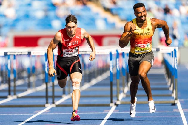 European Athletics Championships; Birmingham, 13.08.2026 BIRMINGHAM, UNITED KINGDOM - AUGUST 13: Leon Krummenacher (Switzerland),left, and Leo Neugebauer (GER - Germany), right, compete in the 110 m hurdles of the mens decathlon on August 13, 2026 in Birmingham, United Kingdom. *** European Athletics Championships, Birmingham, August 13, 2026 BIRMINGHAM, UNITED KINGDOM, AUGUST 13—Leon Krummenacher of Switzerland (left) and Leo Neugebauer of Germany (right) compete in the 110-meter hurdles of the men’s decathlon on August 13, 2026, in Birmingham, United Kingdom Copyright: xBEAUTIFULxSPORTS UlfxSchillerx