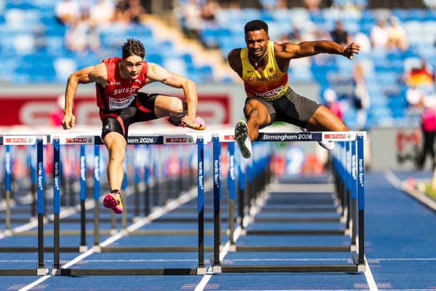 European Athletics Championships; Birmingham, 13.08.2026 BIRMINGHAM, UNITED KINGDOM - AUGUST 13: Leon Krummenacher (Switzerland),left, and Leo Neugebauer (GER - Germany), right, compete in the 110 m hurdles of the mens decathlon on August 13, 2026 in Birmingham, United Kingdom. *** European Athletics Championships, Birmingham, August 13, 2026 BIRMINGHAM, UNITED KINGDOM, AUGUST 13—Leon Krummenacher of Switzerland (left) and Leo Neugebauer of Germany (right) compete in the 110-meter hurdles of the men’s decathlon on August 13, 2026, in Birmingham, United Kingdom Copyright: xBEAUTIFULxSPORTS UlfxSchillerx