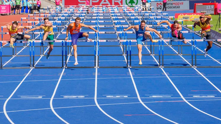 BIRMINGHAM, GREAT BRITAIN - AUGUST 13, 2026 : Jeff TESSELAAR (NED Netherlands), Amadeus GRÄBER (GER Germany) and Leo NEUGEBAUER (GER Germany) competing in the 110m hurdles in the decathlon during the European Athletics Championships at Alexander Stadium on August 13, 2026 in Birmingham, Great Britain. Great Britain Copyright: xLeahxKohringx