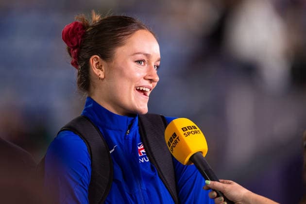 Gemma Tutton of Great Britain and Northern Ireland speaks to the BBC after missing out on the Womens Pole Vault final at the European Athletics Championships at Alexander Stadium in Birmingham, England  Copyright: xSeanxWalshx Sportspressphoto_SPR205550