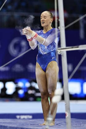 Sanne Wevers, NED, after bars during qualification at 2026 Europeans in Zagreb; 13 08 2026; *** Sanne Wevers, NED, after the uneven bars during the qualifying round at the 2026 European Championships in Zagreb on August 13, 2026 