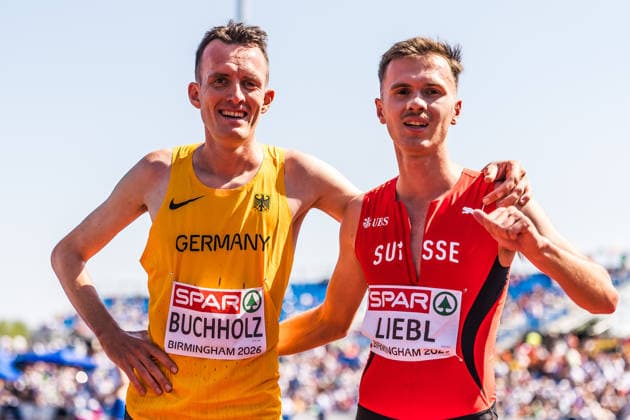 European Athletics Championships; Birmingham, 13.08.2026 BIRMINGHAM, UNITED KINGDOM - AUGUST 13: Aarno Liebl (Switzerland) and Niklas Buchholz (GER - Germany) after the first round of the 3000 m steeple chase on August 13, 2026 in Birmingham, United Kingdom. *** European Athletics Championships, Birmingham, August 13, 2026 BIRMINGHAM, UNITED KINGDOM AUGUST 13 Aarno Liebl of Switzerland and Niklas Buchholz of Germany after the first round of the 3,000-meter steeplechase on August 13, 2026, in Birmingham, United Kingdom Copyright: xBEAUTIFULxSPORTS UlfxSchillerx