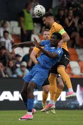 Nemanja Tekijaski of Jablonec and Rostand Ndjiki of RFS in action during the UEFA Europa Conference League third qualifying round game between Latvia™s FK RFS and Czech Republic Jablonec FC teams in Riga, Latvia 13.08.2026. Riga Latvia Copyright: xRomanxKoksarovx RKV04792.JPG