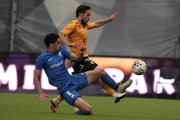 Lasha Odisharia of RFS and Richard Sedlacek of Jablonec in action during the UEFA Europa Conference League third qualifying round game between Latvia™s FK RFS and Czech Republic Jablonec FC teams in Riga, Latvia 13.08.2026. Riga Latvia Copyright: xRomanxKoksarovx RKV04804.JPG