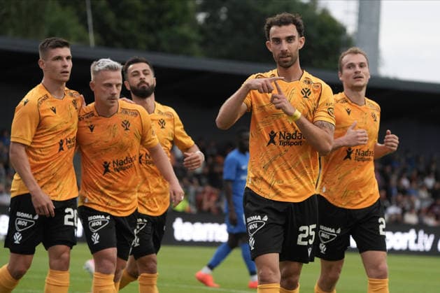 Sebastian Nebyla of Jablonec, right, reacts after he scored second goal in action during the UEFA Europa Conference League third qualifying round game between Latvia™s FK RFS and Czech Republic Jablonec FC teams in Riga, Latvia 13.08.2026. Riga Latvia Copyright: xRomanxKoksarovx RKV04848.JPG