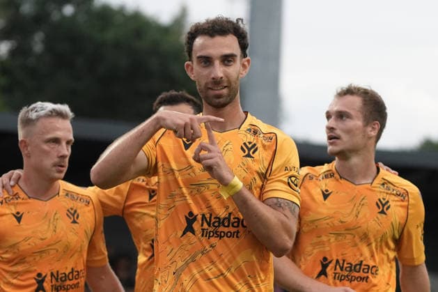 Sebastian Nebyla of Jablonec reacts after he scored second goal in action during the UEFA Europa Conference League third qualifying round game between Latvia™s FK RFS and Czech Republic Jablonec FC teams in Riga, Latvia 13.08.2026. Riga Latvia Copyright: xRomanxKoksarovx RKV04852.JPG