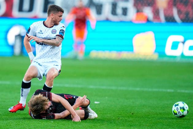 UEFA Europa Conference League Third Qualifying Round Second Leg, MCH Arena, Denmark 13 8 2026 FC Midtjylland vs Bohemians Midtjylland™s Sofus Johannesen and Bohemians™ Daragh Power battle for the ball Sofus Johannesen and Daragh Power battle for the ball 13 8 2026  Copyright: xx 20260813-191303-L-2