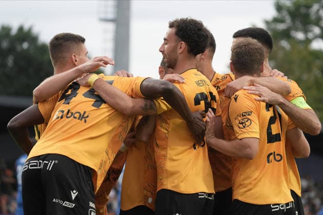 August 13, 2026, Riga, Latvia: FK Jablonec players celebrate their second goal during the UEFA Europa Conference League third qualifying round game between LatviaÃ¢â‚¬â ¢s FK RFS and Czech Republic Jablonec FC teams in Riga, Latvia 13.08.2026. Latvia Sports - August 13, 2026  - ZUMAk209 20260813_zsp_k209_020 Copyright: xRomansxKoksarovx