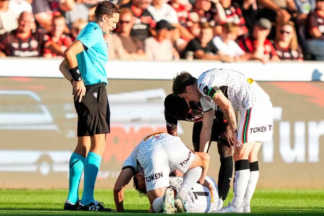 UEFA Europa Conference League Third Qualifying Round Second Leg, MCH Arena, Denmark 13 8 2026 FC Midtjylland vs Bohemians Bohemians™ Connor Parsons goes down with an injury Connor Parsons goes down with an injury 13 8 2026  Copyright: xClausxFiskerx 20260813-192014-L-2