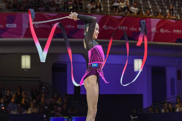 August 13, 2026, Frankfurt, Hesse, Germany: Kazakhstani gymnast AKMARAL YEREKESHEVA competes in the 42nd Rhythmic gymnastics, Rhythmische Sportgymnastik, RSG World Championships qualifiers in the Festhalle in Frankfurt, Hesse, Germany on Thursday, August 13, 2026. 2026 Rhythmic Gymnastics World Championships Qualifying  - ZUMAd168 20260813_zsp_d168_052 Copyright: xKaixDambachx
