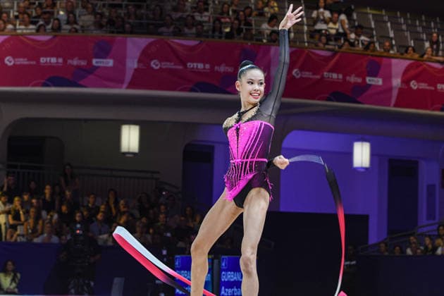 August 13, 2026, Frankfurt, Hesse, Germany: Kazakhstani gymnast AKMARAL YEREKESHEVA competes in the 42nd Rhythmic gymnastics, Rhythmische Sportgymnastik, RSG World Championships qualifiers in the Festhalle in Frankfurt, Hesse, Germany on Thursday, August 13, 2026. 2026 Rhythmic Gymnastics World Championships Qualifying  - ZUMAd168 20260813_zsp_d168_054 Copyright: xKaixDambachx