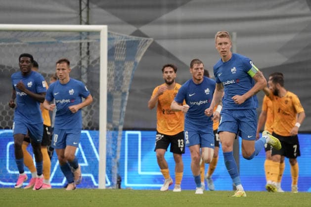 Ziga Lipuscek of RFS reacts after he scored first goal during the UEFA Europa Conference League third qualifying round game between Latvia™s FK RFS and Czech Republic Jablonec FC teams in Riga, Latvia 13.08.2026. Riga Latvia Copyright: xRomanxKoksarovx RKV04896.JPG