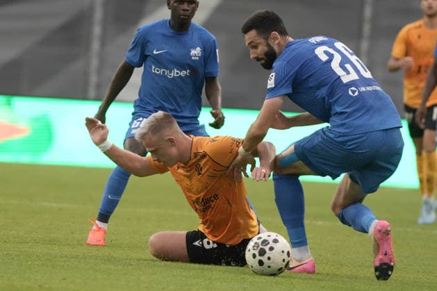 Filip Zorvan of Jablonec and Stefan Panic of RFS in action during the UEFA Europa Conference League third qualifying round game between Latvia™s FK RFS and Czech Republic Jablonec FC teams in Riga, Latvia 13.08.2026. Riga Latvia Copyright: xRomanxKoksarovx RKV04919.JPG