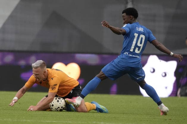 Filip Zorvan of Jablonec and Alfa Balde of RFS in action during the UEFA Europa Conference League third qualifying round game between Latvia™s FK RFS and Czech Republic Jablonec FC teams in Riga, Latvia 13.08.2026. Riga Latvia Copyright: xRomanxKoksarovx RKV04955.JPG
