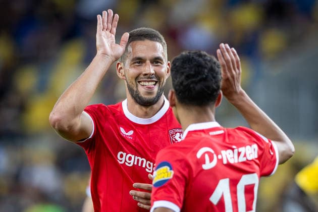 DAC DUNAJSKA STREDA - TWENTE Marko Pjaca of Twente celebrates a goal with Younes Taha during the second leg of third qualifying round of UEFA Conference league football match between DAC Dunajska Streda and Twente at the DAC Arena MOL Arena. Dunajska Streda, Slovakia, August 13, 2026. Photo by Branislav Racko Copyright: xx 080A7408