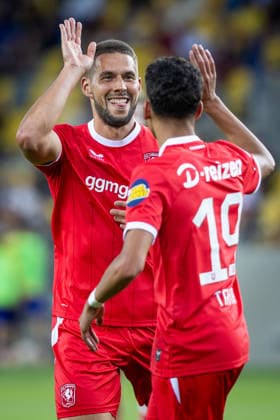 DAC DUNAJSKA STREDA - TWENTE Marko Pjaca of Twente celebrates a goal with Younes Taha during the second leg of third qualifying round of UEFA Conference league football match between DAC Dunajska Streda and Twente at the DAC Arena MOL Arena. Dunajska Streda, Slovakia, August 13, 2026. Photo by Branislav Racko Copyright: xx 080A7409