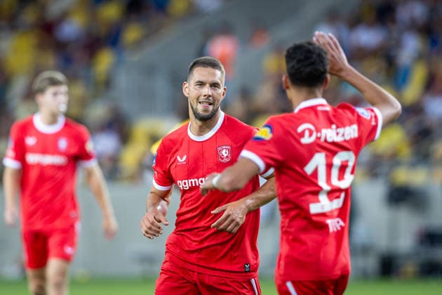 DAC DUNAJSKA STREDA - TWENTE Marko Pjaca of Twente celebrates a goal with Younes Taha during the second leg of third qualifying round of UEFA Conference league football match between DAC Dunajska Streda and Twente at the DAC Arena MOL Arena. Dunajska Streda, Slovakia, August 13, 2026. Photo by Branislav Racko Copyright: xx 080A7403