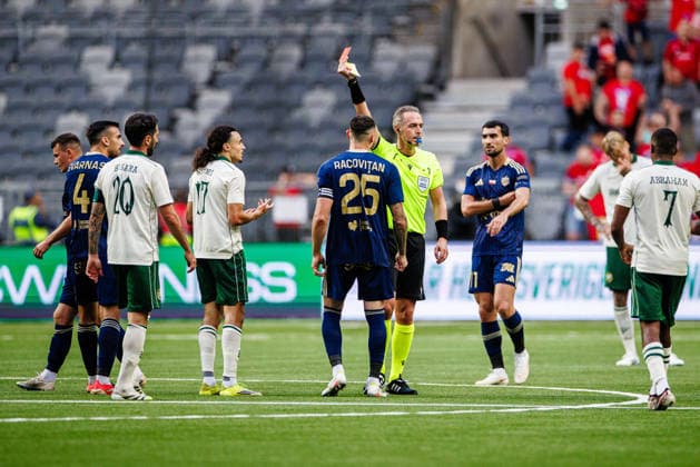 260813 Amin Boudri of Hammarby receives a red card during the UEFA Conference League qualifying football match between Hammarby and Rakow on August 13, 2026 in Stockholm. Photo: Kenta Jönsson BILDBYRAN COP 210 KJ0361 fotboll football soccer fotball uefa conference league conference league hammarby rakow bbeng *** August 13, 2026: Amin Boudri of Hammarby receives a red card during the UEFA Conference League qualifying soccer match between Hammarby and Rakow on August 13, 2026 in Stockholm. Photo by Kenta Jönsson, BILDBYRAN COP 210 KJ0361 soccer football fotball UEFA Conference League Conference League Hammarby Rakow bbeng  Copyright: KENTAxJÖNSSON BB260813KJ037