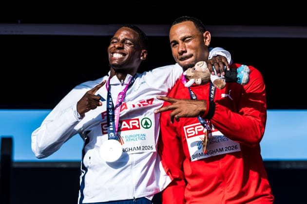European Athletics Championships; Birmingham, 13.08.2026 BIRMINGHAM, UNITED KINGDOM - AUGUST 13: Just Kwaou-Mathey (FRA - France) and Jason Joseph (Switzerland) with the silver and gold medals for the 110 m hurdles at the medal ceremony at the European Athletics Championships; Birmingham on August 13, 2026 in Birmingham, United Kingdom. *** European Athletics Championships, Birmingham, August 13, 2026 BIRMINGHAM, UNITED KINGDOM, AUGUST 13 Just Kwaou Mathey (FRA, France) and Jason Joseph (Switzerland) with the silver and gold medals for the 110-meter hurdles at the medal ceremony at the European Athletics Championships in Birmingham on August 13, 2026, in Birmingham, United Kingdom Copyright: xBEAUTIFULxSPORTS UlfxSchillerx