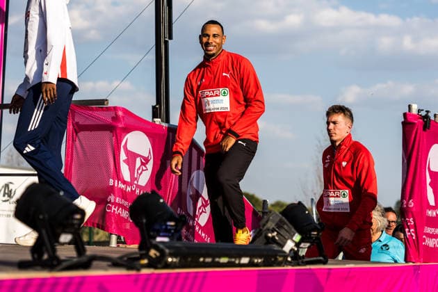 European Athletics Championships; Birmingham, 13.08.2026 BIRMINGHAM, UNITED KINGDOM - AUGUST 13: Jason Joseph (Switzerland), and Jakub Szymanski (POL - Poland) enter the podium for the medal ceremony for the 110 m hurdles at the European Athletics Championships; Birmingham on August 13, 2026 in Birmingham, United Kingdom. *** European Athletics Championships, Birmingham, August 13, 2026 BIRMINGHAM, UNITED KINGDOM AUGUST 13 Jason Joseph of Switzerland and Jakub Szymanski of Poland take the podium for the medal ceremony for the 110-meter hurdles at the European Athletics Championships in Birmingham on August 13, 2026, in Birmingham, United Kingdom Copyright: xBEAUTIFULxSPORTS UlfxSchillerx