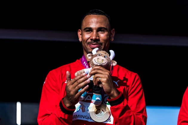 European Athletics Championships; Birmingham, 13.08.2026 BIRMINGHAM, UNITED KINGDOM - AUGUST 13: Jason Joseph (Switzerland) with the gold medal for the 110 m hurdles at the medal ceremony at the European Athletics Championships; Birmingham on August 13, 2026 in Birmingham, United Kingdom. *** European Athletics Championships, Birmingham, August 13, 2026 BIRMINGHAM, UNITED KINGDOM, AUGUST 13—Jason Joseph of Switzerland, holding the gold medal for the 110-meter hurdles, at the medal ceremony during the European Athletics Championships in Birmingham on August 13, 2026, in Birmingham, United Kingdom Copyright: xBEAUTIFULxSPORTS UlfxSchillerx