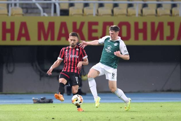 Almir Kryeziu of KF Shkendija and Josh Mulligan of Hibernian Shkendija v Hibernian, UEFA Conference League, 3rd Qualifying Round, Second Leg, Football, Nacionalna Arena Toe Proeski, Skopje, North Macedonia - 13 Aug 2026Skopje Nacionalna Arena Tose Proeski United Kingdom  Copyright: xNikolaxKrstic Shutterstockx 17069367af