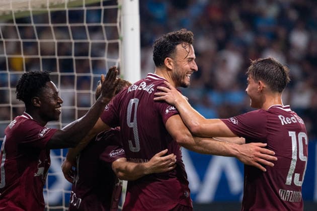 SOCCER - UEFA EL, Pafos vs RBS LIMASSOL,CYPRUS,13.AUG.26 - SOCCER - UEFA Europa League, qualification, Pafos FC vs Red Bull Salzburg. Image shows the rejoicing of Haris Tabakovic (RBS) with his team.  GEPAxpictures xXenophonxKarakalos