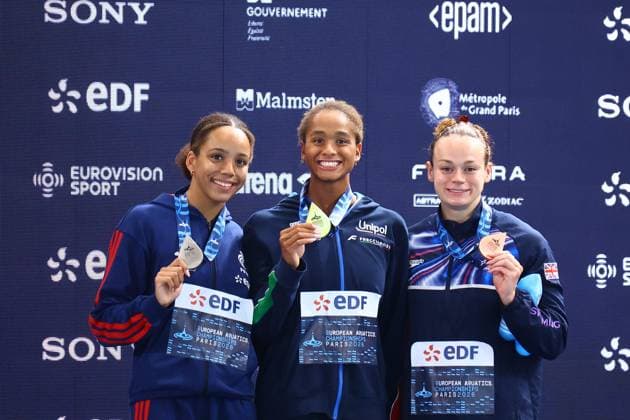 Championnat d Europe de natation PHOTOPQR LE COURRIER PICARD Haslin ; Saint Denis ; 13 08 2026 ; 13 08 26 Championnat d Europe de natation Centre Aquatique Olympique Mary Ambre Moluh - Sara Curtis - Lauren Cox - 50m dos Photo Fred Haslin -- European Swimming Championships at the Greater Paris Metropolis Olympic Aquatics Centre in Paris Saint Denis 93 France  Copyright: xPHOTOPQR LExCOURRIERxPICARD MAXPxHaslinx 20260813LCP5830 20260813LCP5830
