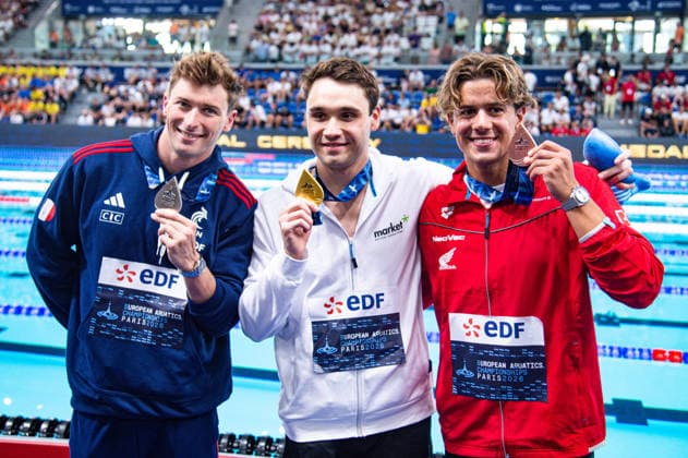 NATATION : Championnat d europe de natation 2026 - PARIS - 13 08 2026 Maxime Gousset (FRA) Kristof Milak (HUN) Noe Ponti (SUI) Saint DenisFrance  Copyright: xBaptistexAutissierx