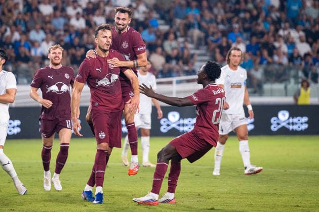 SOCCER - UEFA EL, Pafos vs RBS LIMASSOL,CYPRUS,13.AUG.26 - SOCCER - UEFA Europa League, qualification, Pafos FC vs Red Bull Salzburg. Image shows the rejoicing of Haris Tabakovic (RBS) with his team.  GEPAxpictures xXenophonxKarakalos