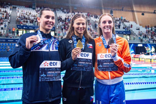 NATATION : Championnat d europe de natation 2026 - PARIS - 13 08 2026 Barbora Seemanova (CZE) Marrit Steenbergen (NED) Freya Colbert (GBR) Saint DenisFrance  Copyright: xBaptistexAutissierx