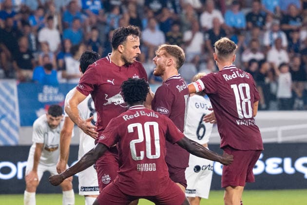 SOCCER - UEFA EL, Pafos vs RBS LIMASSOL,CYPRUS,13.AUG.26 - SOCCER - UEFA Europa League, qualification, Pafos FC vs Red Bull Salzburg. Image shows the rejoicing of Haris Tabakovic (RBS) with his team.  GEPAxpictures xXenophonxKarakalos