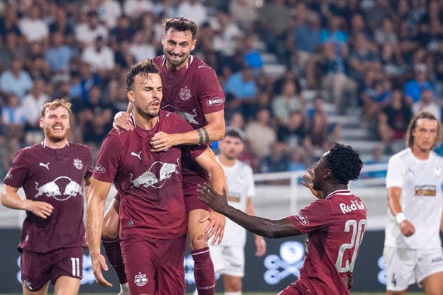 SOCCER - UEFA EL, Pafos vs RBS LIMASSOL,CYPRUS,13.AUG.26 - SOCCER - UEFA Europa League, qualification, Pafos FC vs Red Bull Salzburg. Image shows the rejoicing of Haris Tabakovic (RBS) with his team.  GEPAxpictures xXenophonxKarakalos