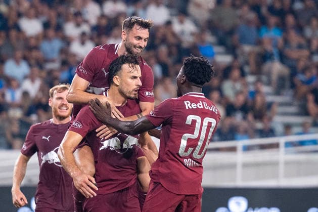 SOCCER - UEFA EL, Pafos vs RBS LIMASSOL,CYPRUS,13.AUG.26 - SOCCER - UEFA Europa League, qualification, Pafos FC vs Red Bull Salzburg. Image shows the rejoicing of Haris Tabakovic (RBS) with his team.  GEPAxpictures xXenophonxKarakalos