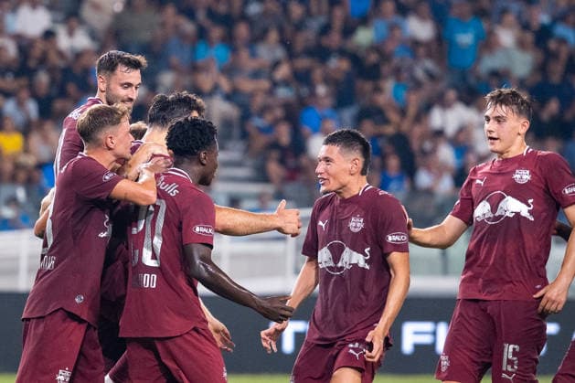 SOCCER - UEFA EL, Pafos vs RBS LIMASSOL,CYPRUS,13.AUG.26 - SOCCER - UEFA Europa League, qualification, Pafos FC vs Red Bull Salzburg. Image shows the rejoicing of Haris Tabakovic (RBS) with his team.  GEPAxpictures xXenophonxKarakalos