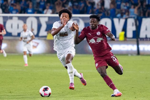 SOCCER - UEFA EL, Pafos vs RBS LIMASSOL,CYPRUS,13.AUG.26 - SOCCER - UEFA Europa League, qualification, Pafos FC vs Red Bull Salzburg. Image shows Bruno (Pafos) and Edmund Baidoo (RBS).  GEPAxpictures xXenophonxKarakalo