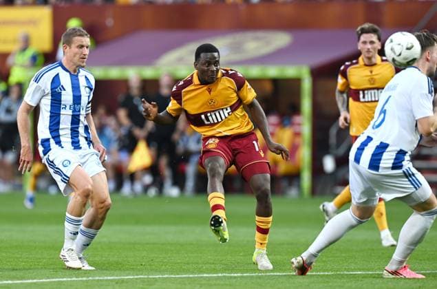 Ibrahim Said of Motherwell has a shot on goal Motherwell v HJK Helsinki, UEFA Conference League, 3rd Qualifying Round, Second Leg, Football, Fir Park, Motherwell, Scotland, UK - 13 Aug 2026Motherwell Fir Park Scotland United Kingdom  Copyright: xMarkxRunnacles Shutterstockx 17069362al
