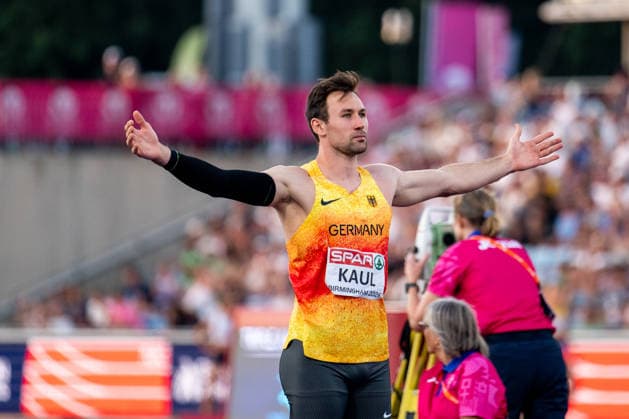 13.08.2026, GBR, Leichtathletik, Europameisterschaft 2026, Abendsession Tag 4, Birmingham Niklas Kaul ( Deutschland ) jubelt über einen guten Wurf, Zehnkampf Herren, Speerwurf Birmingham Alexander Stadium England Großbritannien *** August 13, 2026, GBR, Track and Field, 2026 European Championships, Evening Session, Day 4, Birmingham; Niklas Kaul of Germany celebrates a good throw, Men s Decathlon, Javelin Throw, Birmingham Alexander Stadium, England, Great Britain Copyright: xNordphoto Memmlerx