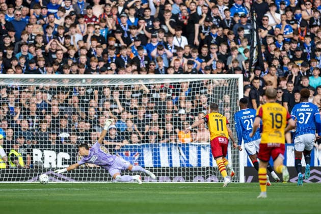 RECORD DATE NOT STATED 12th August 2026; Ibrox Stadium, Glasgow, Scotland; UEFA Europa League Qualifier Football, Rangers versus Jagiellonia Bialystok; Jesus Imaz of Jagiellonia Bialystok shoots and hits the post with his effort hitting the post VagelisxGeorgariou