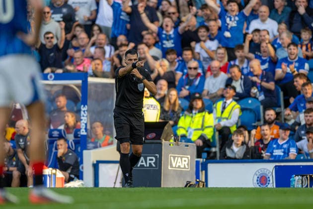 RECORD DATE NOT STATED 12th August 2026; Ibrox Stadium, Glasgow, Scotland; UEFA Europa League Qualifier Football, Rangers versus Jagiellonia Bialystok; Referee Vassilis Fotias awards a penalty to Rangers after a VAR check VagelisxGeorgariou