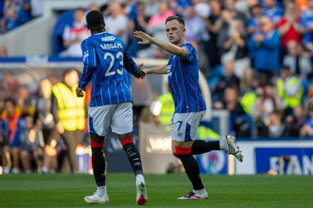 RECORD DATE NOT STATED 12th August 2026; Ibrox Stadium, Glasgow, Scotland; UEFA Europa League Qualifier Football, Rangers versus Jagiellonia Bialystok; Lawrence Shankland of Rangers celebrates with Djeidi Gassama of Rangers after he shoots and scores from the penalty to make it 1-0 to Rangers in the 19th minute VagelisxGeorgariou
