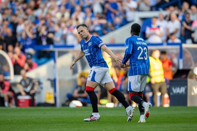 RECORD DATE NOT STATED 12th August 2026; Ibrox Stadium, Glasgow, Scotland; UEFA Europa League Qualifier Football, Rangers versus Jagiellonia Bialystok; Lawrence Shankland of Rangers celebrates with Djeidi Gassama of Rangers after he shoots and scores from the penalty to make it 1-0 to Rangers in the 19th minute VagelisxGeorgariou