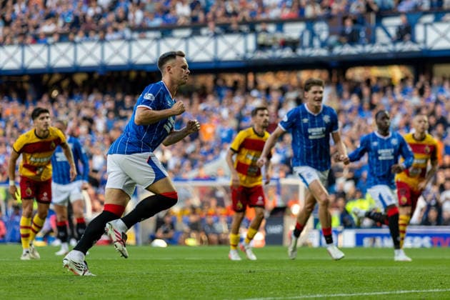 RECORD DATE NOT STATED 12th August 2026; Ibrox Stadium, Glasgow, Scotland; UEFA Europa League Qualifier Football, Rangers versus Jagiellonia Bialystok; Lawrence Shankland of Rangers celebrates after he shoots and scores from the penalty to make it 1-0 to Rangers in the 19th minute VagelisxGeorgariou