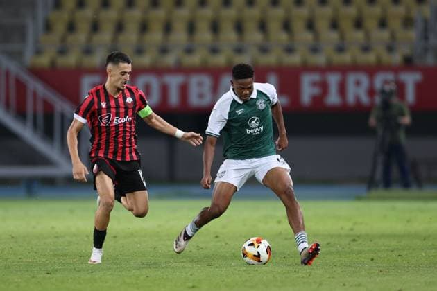 Miguel Chaiwa of Hibernian and Almir Kryeziu of KF Shkendija Shkendija v Hibernian, UEFA Conference League, 3rd Qualifying Round, Second Leg, Football, Nacionalna Arena Toe Proeski, Skopje, North Macedonia - 13 Aug 2026Skopje Nacionalna Arena Tose Proeski United Kingdom  Copyright: xNikolaxKrstic Shutterstockx 17069367ap