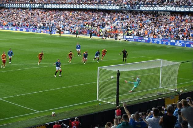 Rangers captain Lawrence Shankland scores from the penalty spot during the Europa League qualifying match at Ibrox Stadium, Glasgow. Rangers v Jagiellonia Bialystok - UEFA Europa League 3rd Round Qualifying - Ibrox Stadium, Glasgow, Lanarkshire, Scotland, UK - 13 Aug 2026Glasgow Ibrox Lanarkshire United Kingdom EDITORIAL USE ONLY  Copyright: xO Rourke RangersxFC Shutterstockx 17070075d